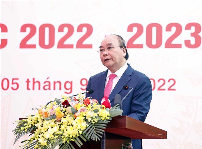 Chủ tịch nước Nguyễn Xu&acirc;n Ph&uacute;c ph&aacute;t biểu tại lễ khai giảng năm học 2022-2023 tại Trường Đại học Khoa học Tự nhi&ecirc;n (Đại học Quốc gia H&agrave; Nội) - Ảnh: TTXVN